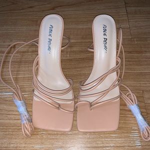 Tan Strappy Square Toe Heels